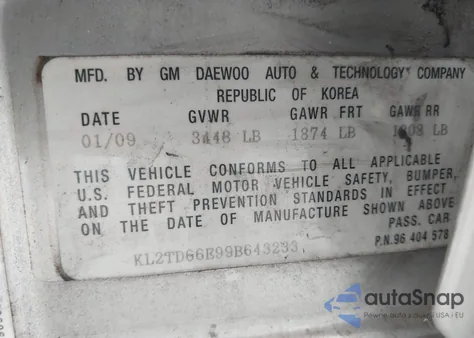 2009 Pontiac G3 from USA, damaged, VIN KL2TD66E99B643233